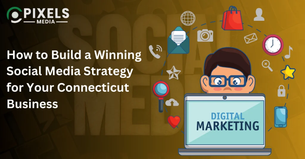 Connecticut business owner planning social media strategy on laptop with marketing icons.