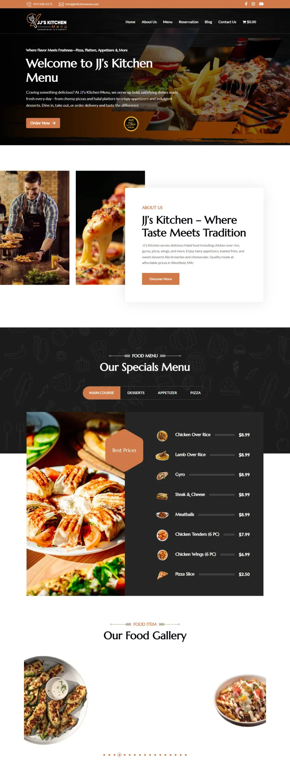 JJ's Kitchen Menu website homepage designed by CoPixels Media