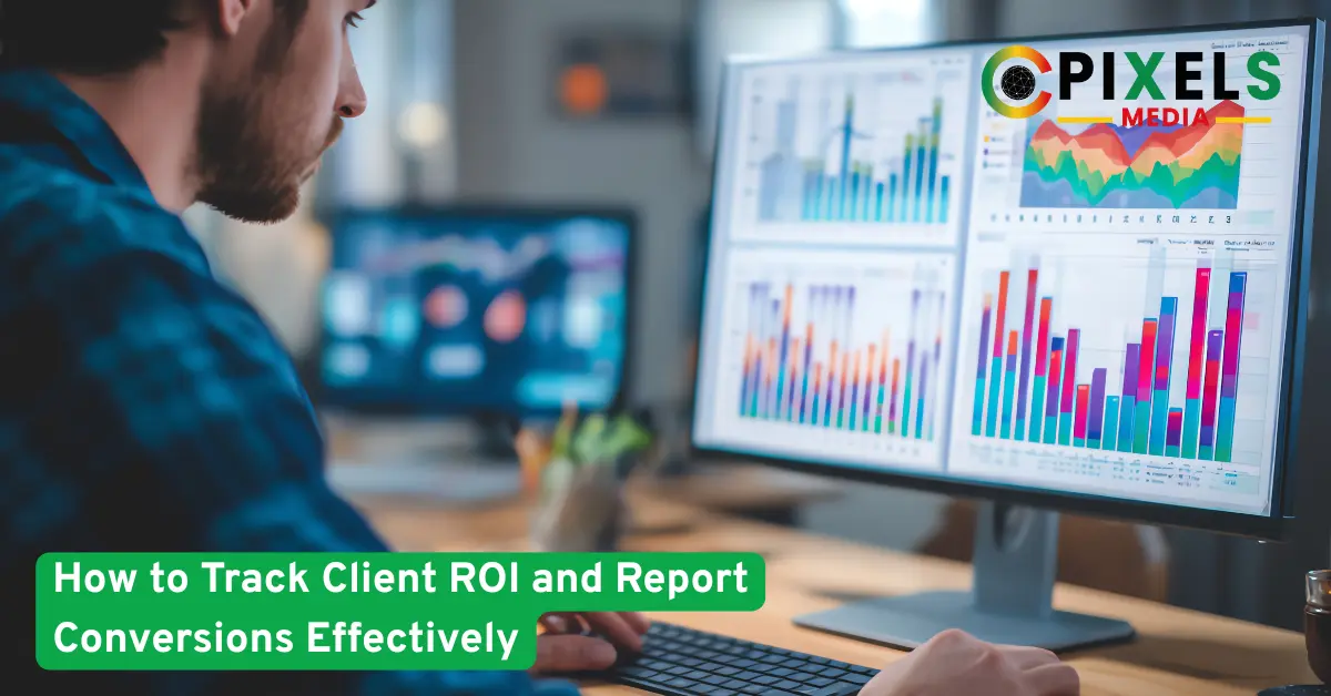 Digital marketer tracking client ROI and conversions on analytics dashboard with charts, Pixels Media reporting solutions