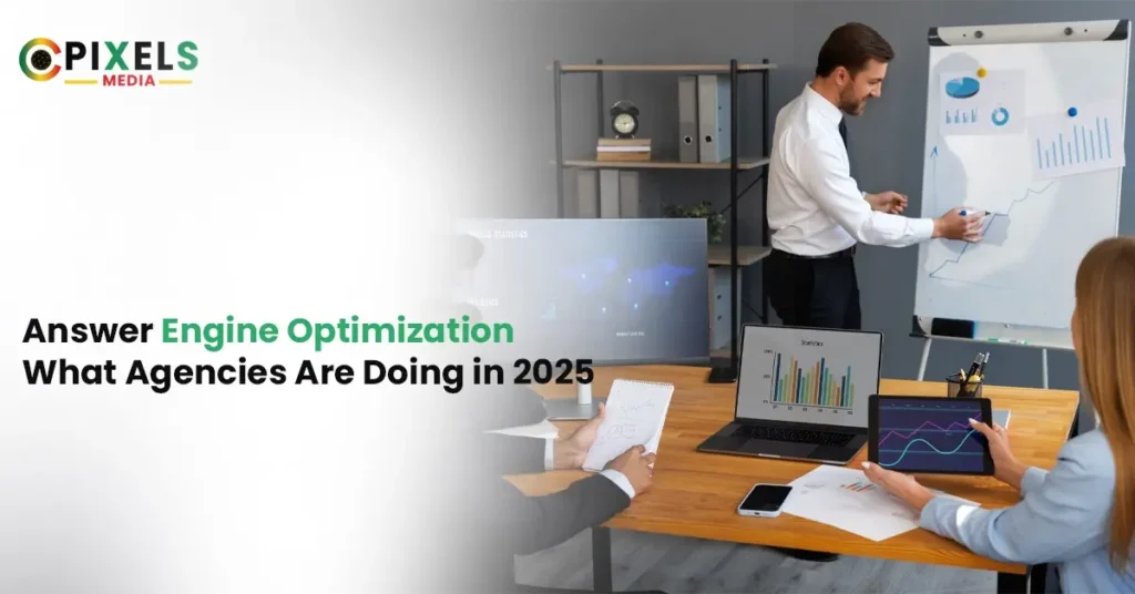Business team in a meeting discussing Answer Engine Optimization strategies for 2025 with charts, graphs, and digital reports
