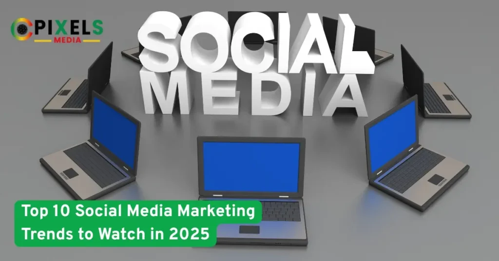 "3D text reading Social Media surrounded by open laptops, highlighting top social media marketing trends to watch in 2025."