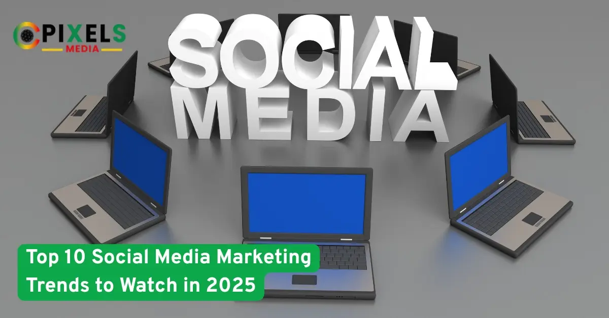 "3D text reading Social Media surrounded by open laptops, highlighting top social media marketing trends to watch in 2025."