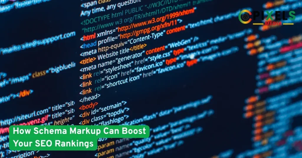 Close-up of website code on a dark screen with the title 'How Schema Markup Can Boost Your SEO Rankings' overlaid in the foreground