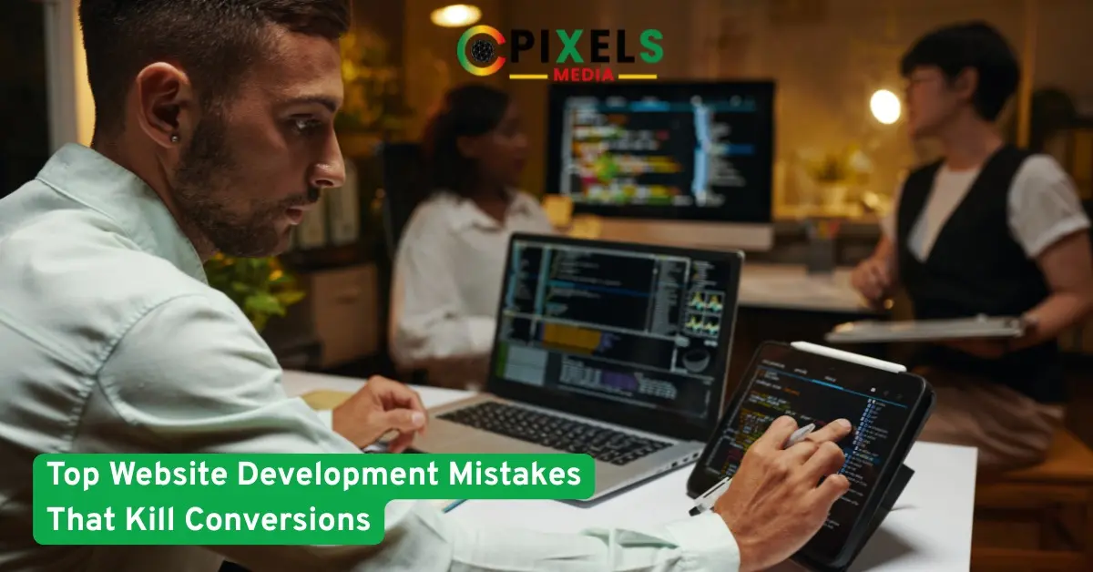 Developers analyzing website code and design issues, illustrating common web development mistakes that hurt conversions and performance