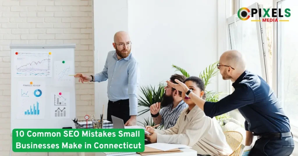 Marketing team analyzing SEO data and discussing common SEO mistakes made by small businesses in Connecticut during a strategy meeting.