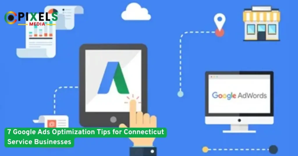 Illustration showing Google Ads icons, devices, analytics, and a location marker, representing online advertising strategies for service businesses.