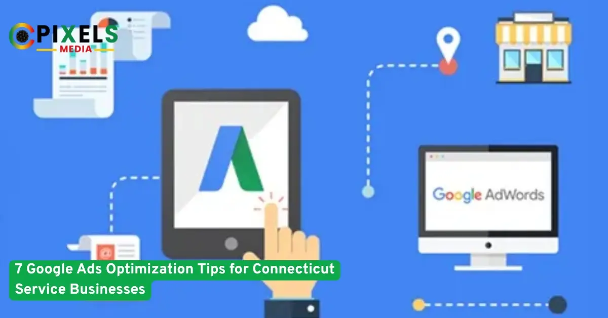 Illustration showing Google Ads icons, devices, analytics, and a location marker, representing online advertising strategies for service businesses.