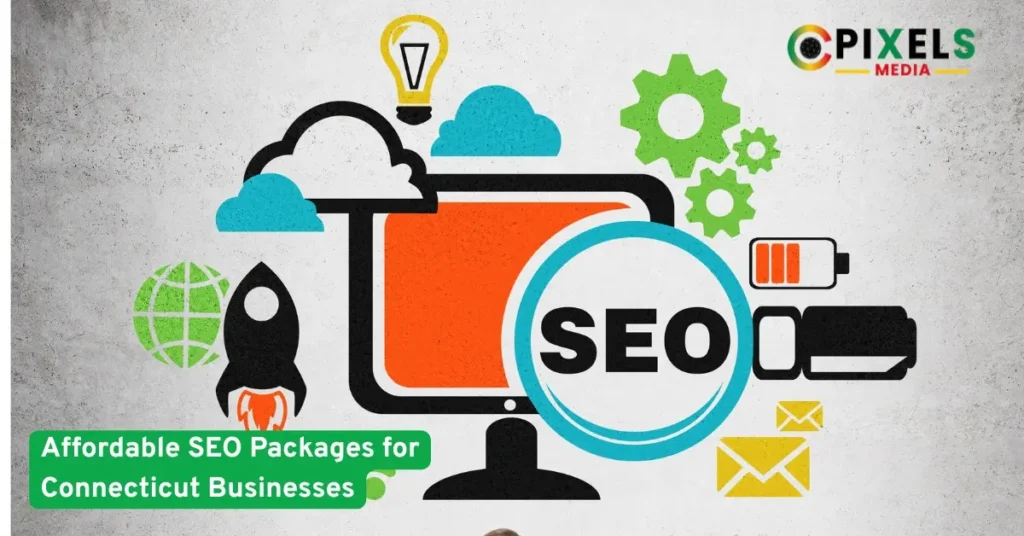 Graphic showing SEO concept with computer, gears, rocket, cloud icons, and magnifying glass, promoting affordable SEO packages in Connecticut.