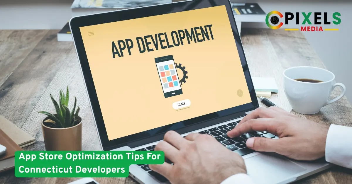 Laptop with app development screen showing ASO tips for Connecticut developers to improve app visibility and success
