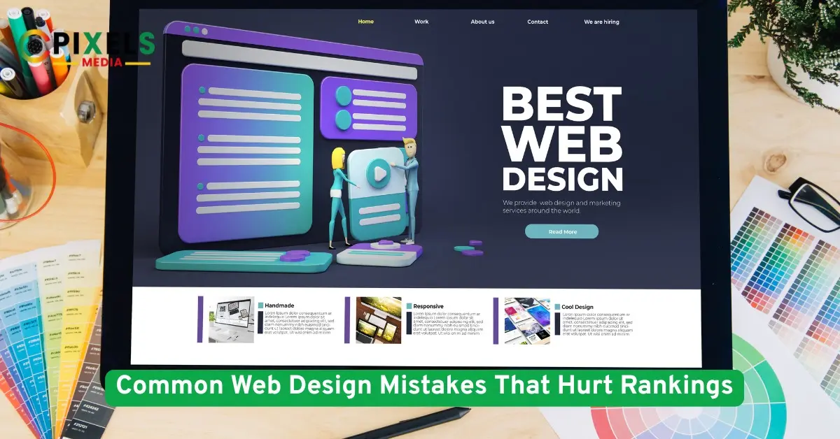 A computer screen displaying a modern web design interface with text “Best Web Design” and colorful design tools on a desk.