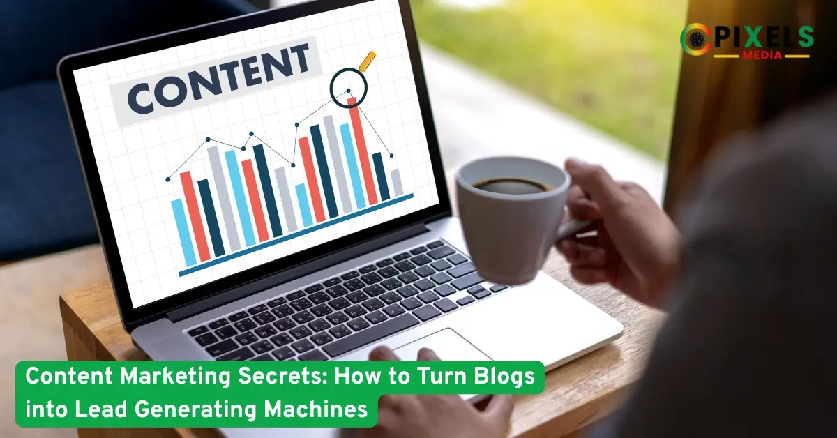 Person analyzing blog content performance on a laptop with a coffee cup, showing growth charts and marketing results