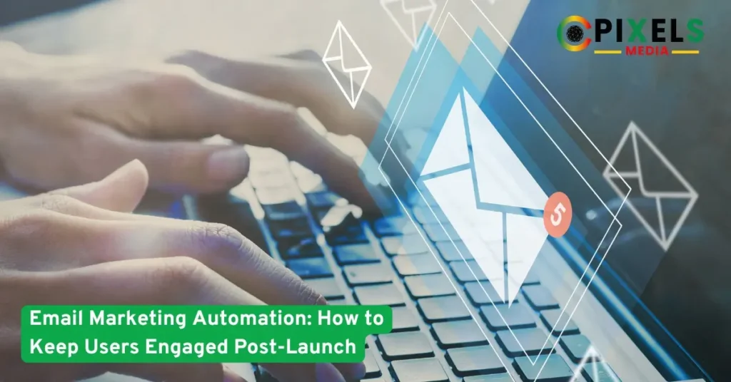 Hands typing on a laptop with floating email icons representing automated email marketing for user engagement today