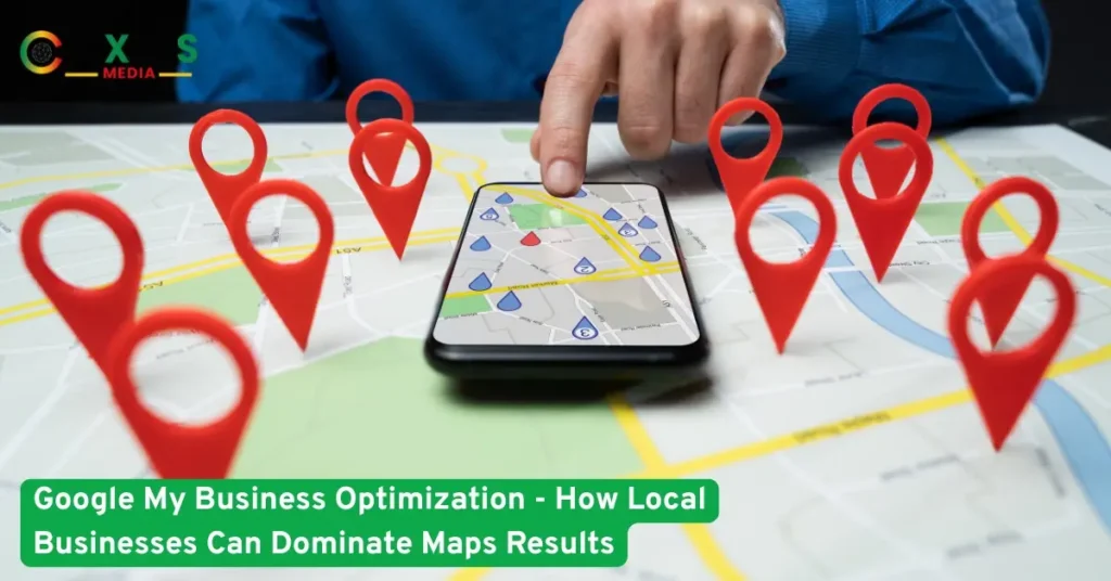 Person using smartphone on map with location pins, symbolizing Google My Business local SEO optimization.