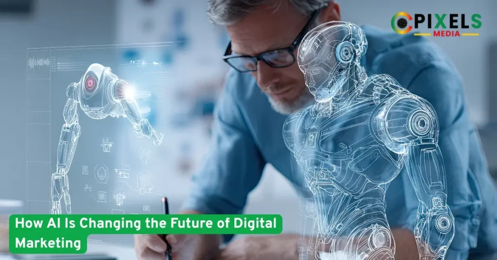 A professional working with a digital AI interface, symbolizing how artificial intelligence is transforming digital marketing.