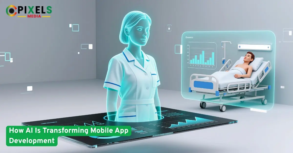 AI hologram nurse from a tablet beside a patient in a hospital bed, showing how AI improves modern mobile app development