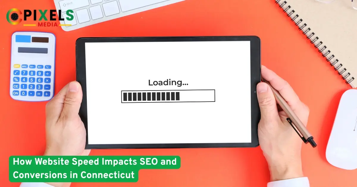 A person holding a tablet showing a loading screen,symbolizing website speed performance,with office items on an orange desk.