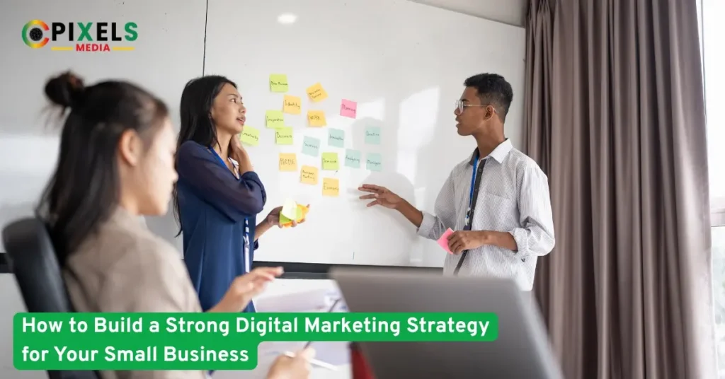 Team brainstorming a digital marketing plan with sticky notes on a whiteboard for small business growth strategy