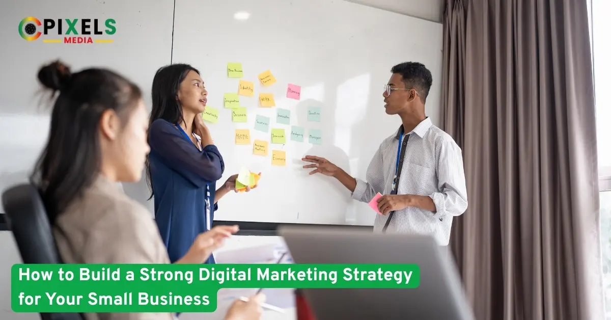 Team brainstorming a digital marketing plan with sticky notes on a whiteboard for small business growth strategy