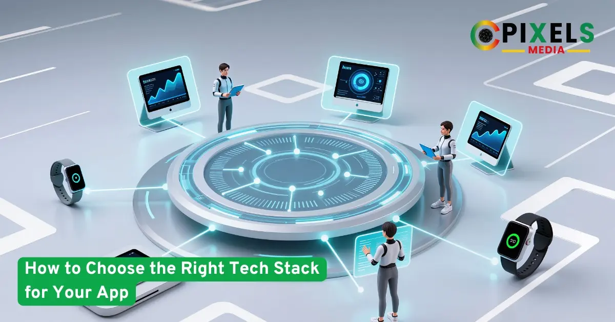 Digital tech scene with futuristic platform,screens,smart devices,and people analyzing data to choose the right app tech stack
