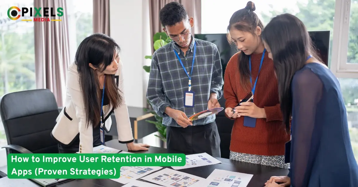 Team reviews mobile app designs together, planning data-driven strategies to boost user retention and engagement