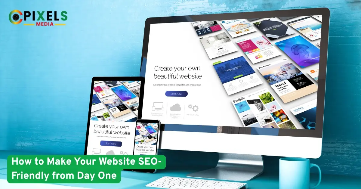 A computer, tablet, and smartphone displaying responsive website templates with the title “Create your own beautiful website.