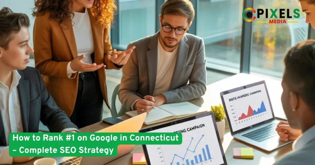 Digital marketing team discussing SEO strategies with charts and laptops to help businesses rank #1 on Google in Connecticut.