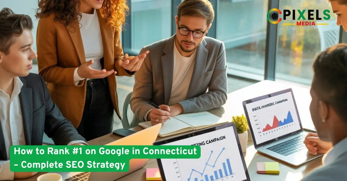 Digital marketing team discussing SEO strategies with charts and laptops to help businesses rank #1 on Google in Connecticut.