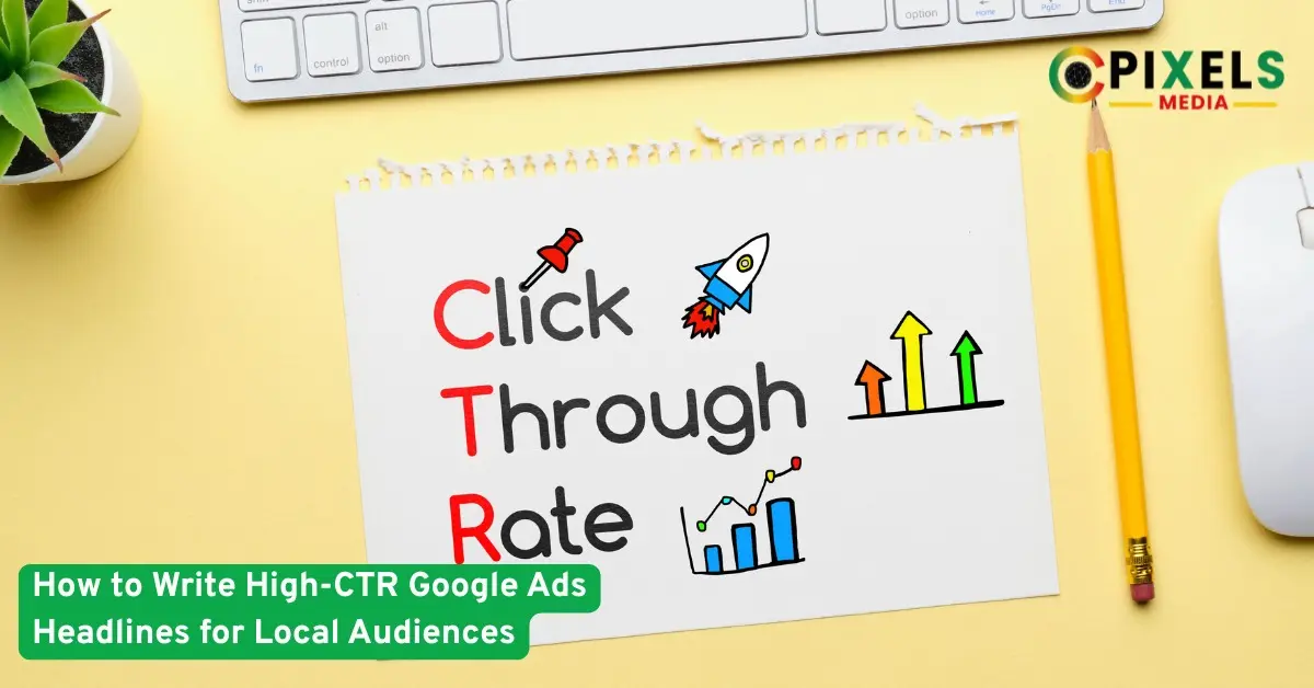 A notebook showing Click Through Rate with rocket and graph doodles on a yellow desk beside a keyboard,pencil,plant,and mouse