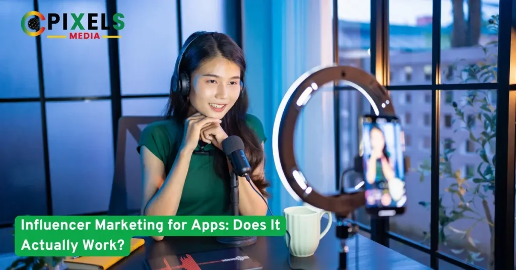 A content creator livestreaming with headphones, microphone, and ring light while using a smartphone in modern studio setup