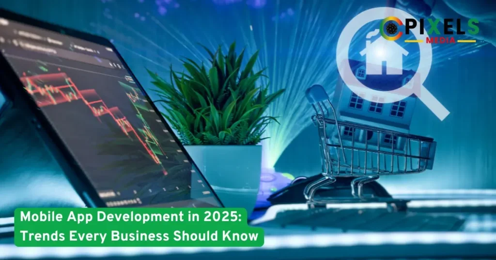 Laptop with analytics beside plant and cart with house icon highlighting important mobile app development trends for 2025