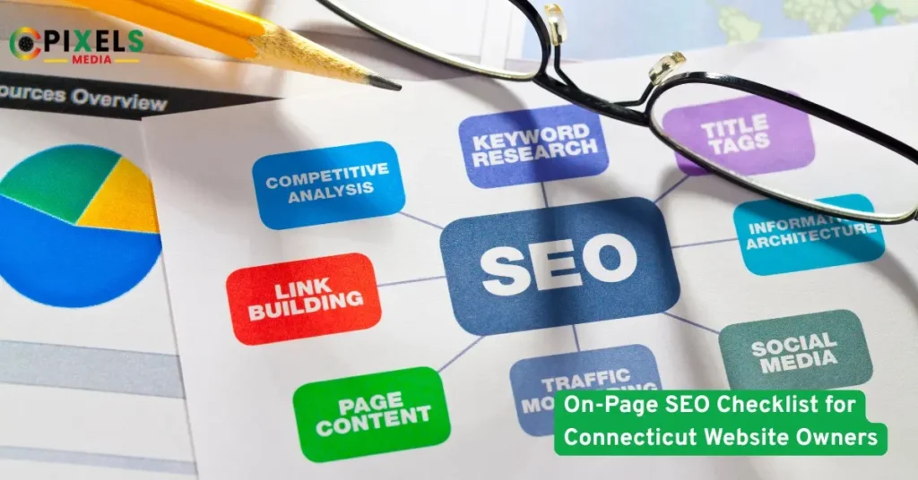 On-page SEO checklist concept with keywords, link building, and competitive analysis for Connecticut website owners