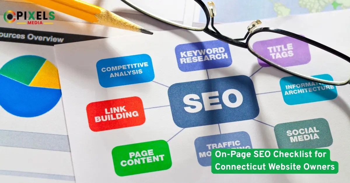 On-page SEO checklist concept with keywords, link building, and competitive analysis for Connecticut website owners