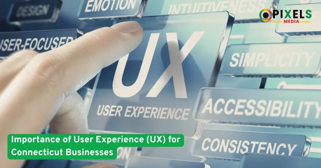 Finger touching a UX interface button with labels like simplicity, accessibility, consistency — highlighting user experience