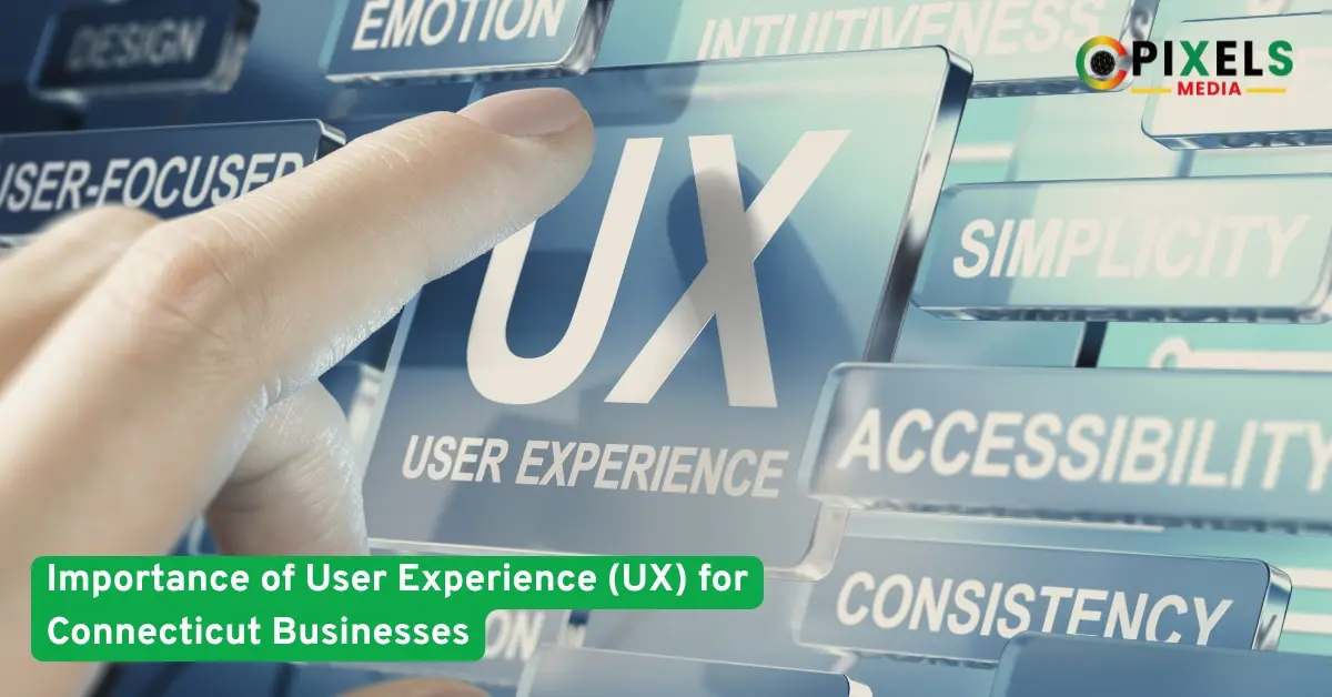 Finger touching a UX interface button with labels like simplicity, accessibility, consistency — highlighting user experience