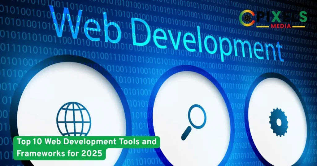 A digital web development screen showcasing top tools and frameworks shaping website design and coding innovations for 2025