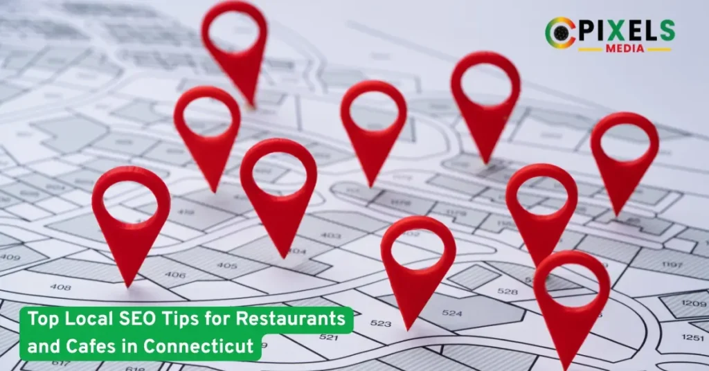 Red location pins on a city map symbolizing local SEO targeting for restaurants and cafes in Connecticut.