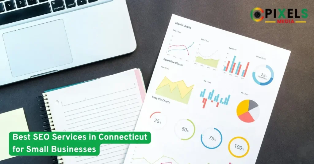 SEO performance charts, laptop, and notes on desk representing best SEO services for Connecticut small businesses