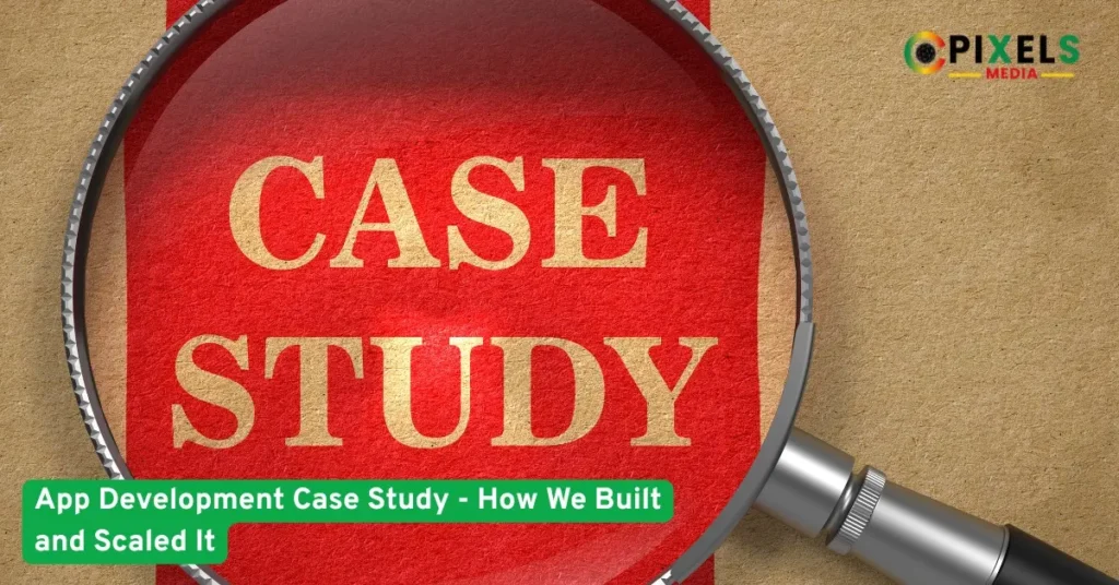 A magnifying glass highlights the words case study on a red background for an app development project showcase image visuals