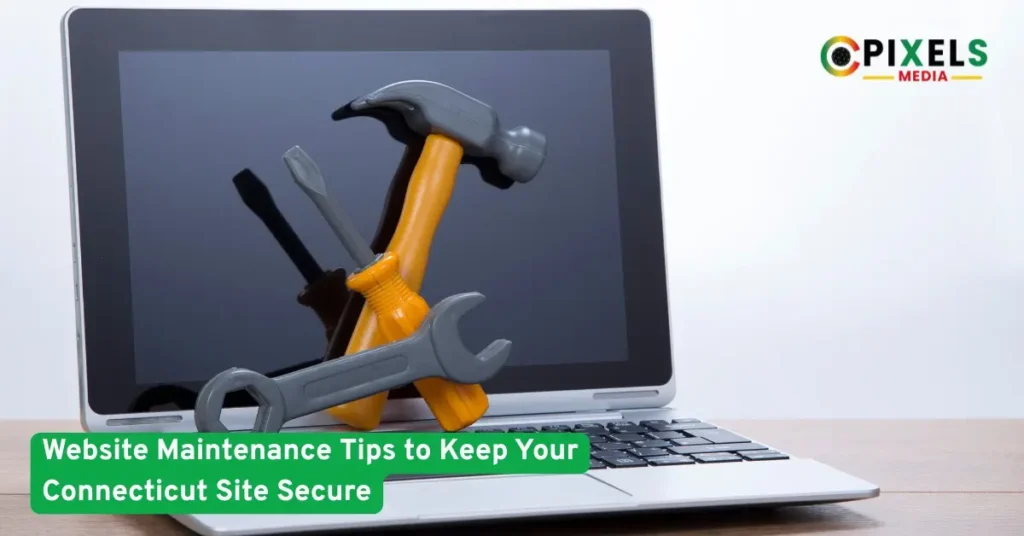 Laptop with repair tools symbolizing website maintenance tips to keep Connecticut business sites secure and updated