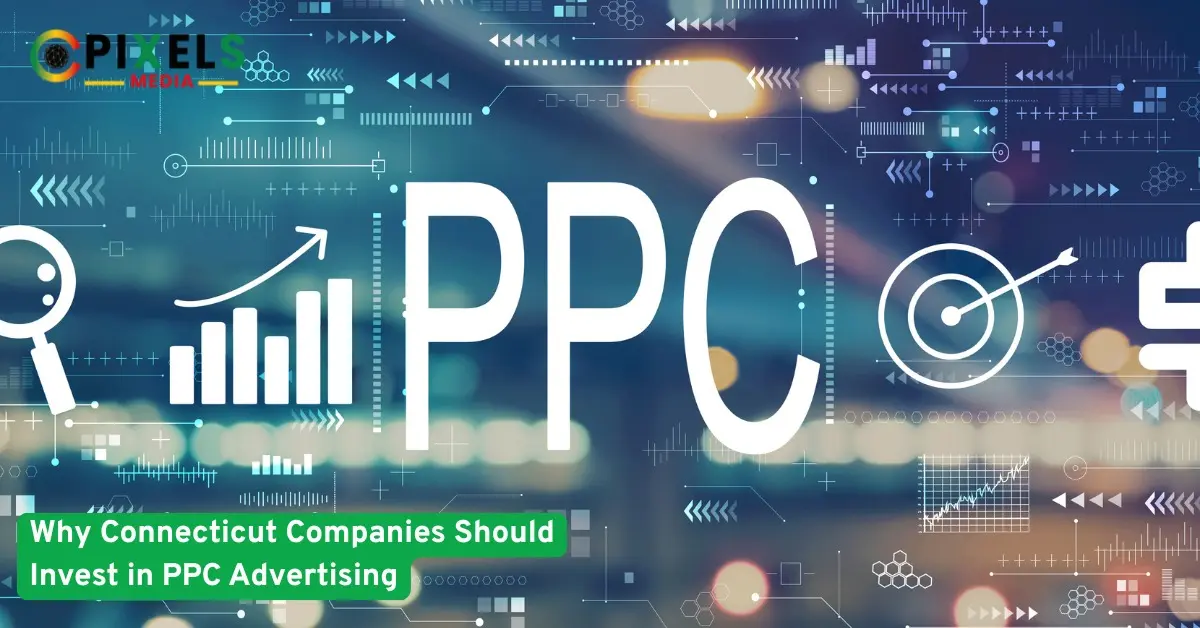 PPC advertising concept with analytics icons showing growth and performance for Connecticut companies by CoPixels Media.