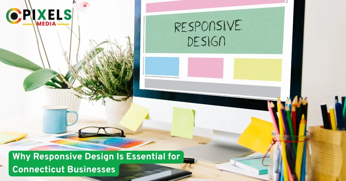 A computer screen displaying a colorful responsive web design layout,with plants,pencils,and notes on a bright designer desk