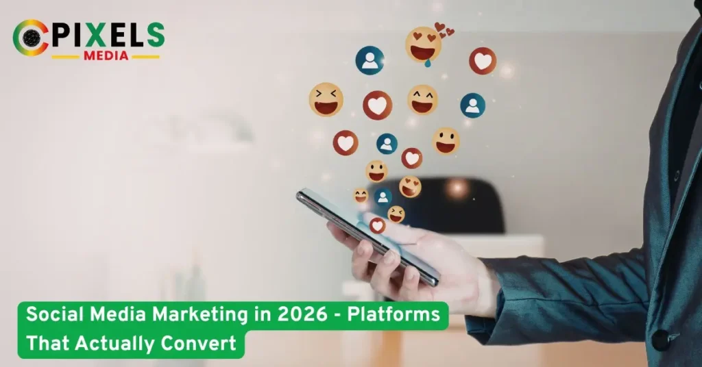 Marketer using smartphone with floating social media reactions showing engagement growth and conversion focused social media.