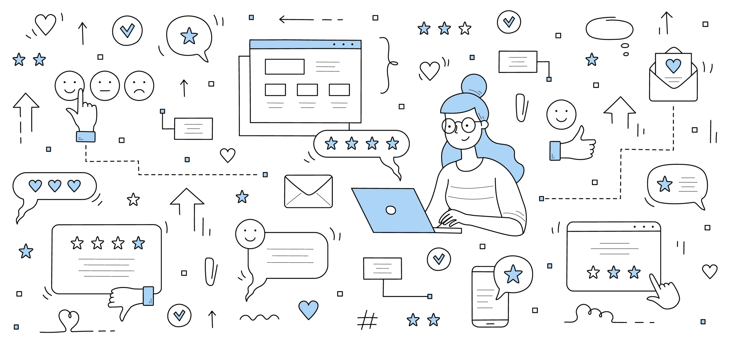 Illustration of a business owner on a laptop surrounded by star ratings and customer reviews